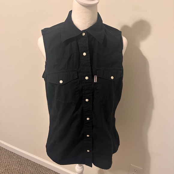 Carhartt Tops - Carhartt Black Sleeveless Button-Down Vest Shirt with White Pearl Buttons Size L